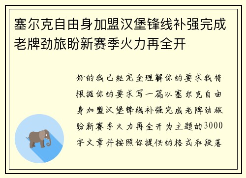 塞尔克自由身加盟汉堡锋线补强完成老牌劲旅盼新赛季火力再全开